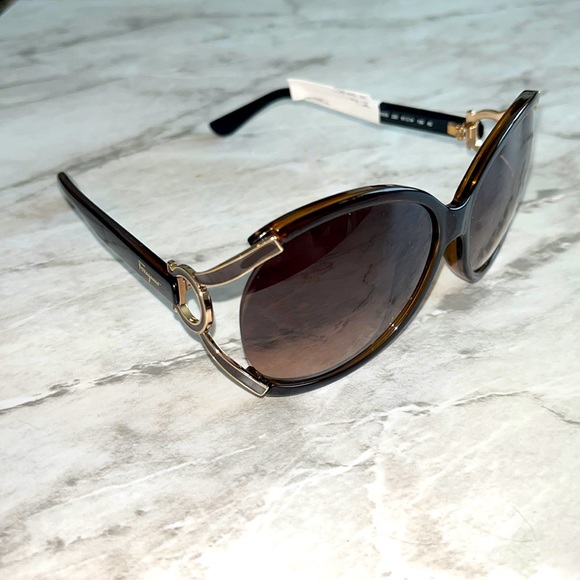 NEW Salvatore Ferragamo brown tortoise logo round gold sunglasses